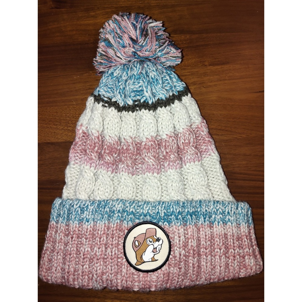 Buc-ee's Beaver Logo Knit Pom Beanie Hat Blue Pink White Striped Winter Cap